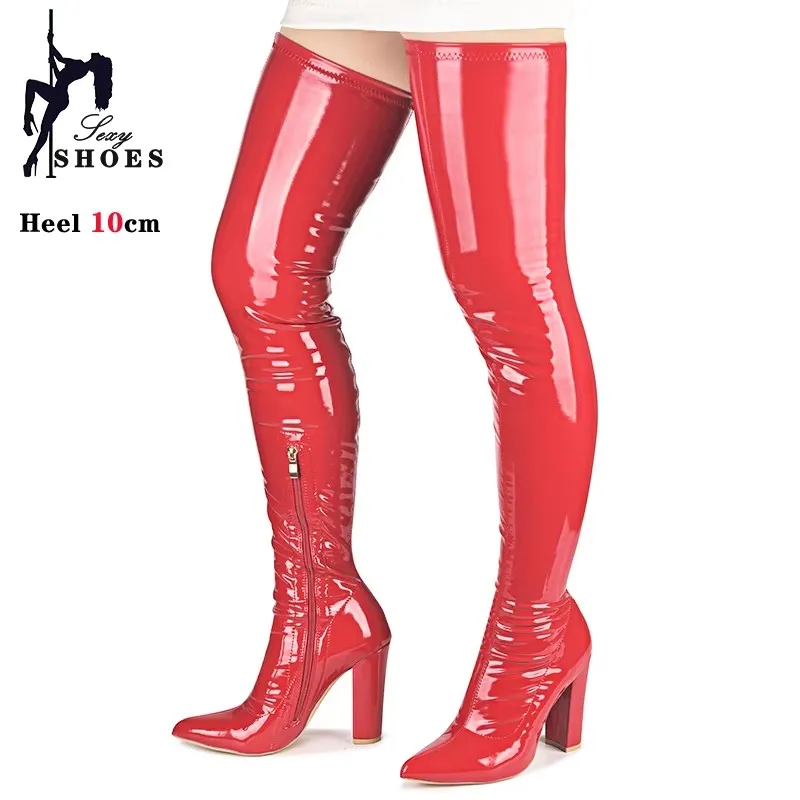 2024 Spring And Autumn Over The Knee Boots Ladies Elastic Leather Chunk Heels Pointed Shoes Thigh High Boots For Plus Size Women