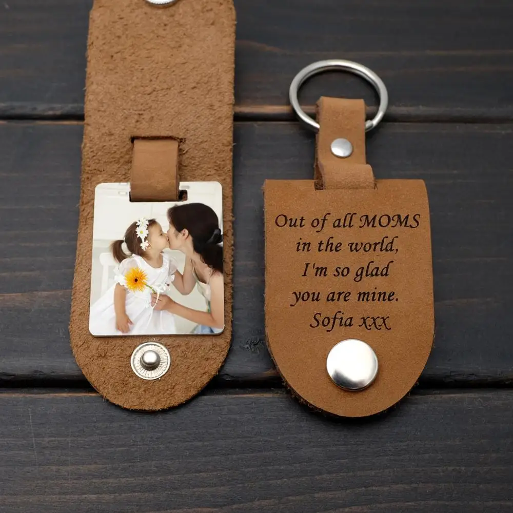 

Personalized Leather Keychain Custom Photo Keychain Mothers Fathers Day Gift Picture Keyring Gift For Her Leather Photo Key Fob