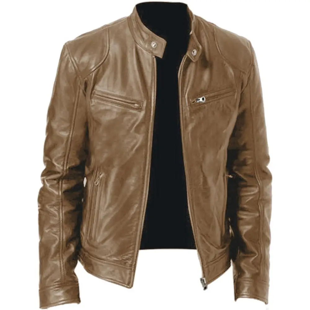 

Autumn Winter Men Stand Collar Zipper Faux Leather Motorcycle Jacket Short Coat