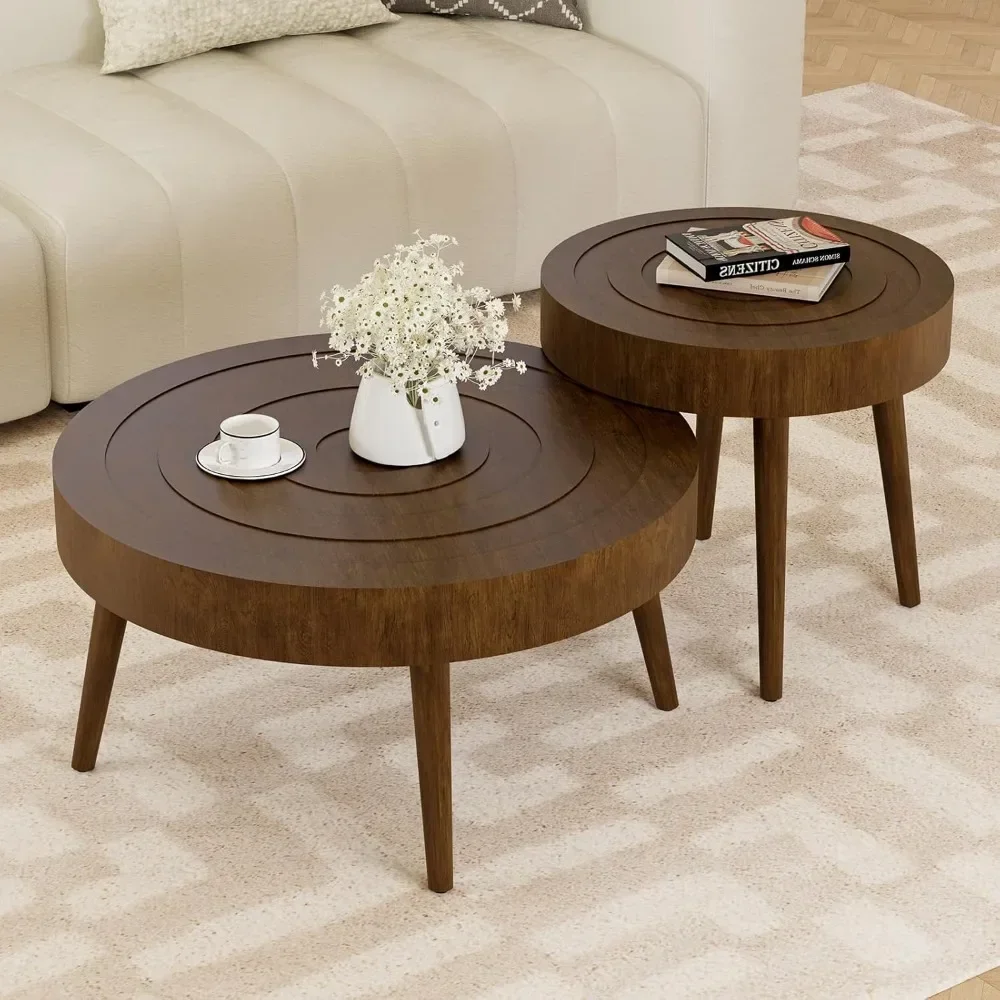 Nesting Coffee Tables w Wood Grain Finish, 2 Pieces Living Room Tea Table Sets w Wood Legs, Round Coffee Table Sets wit