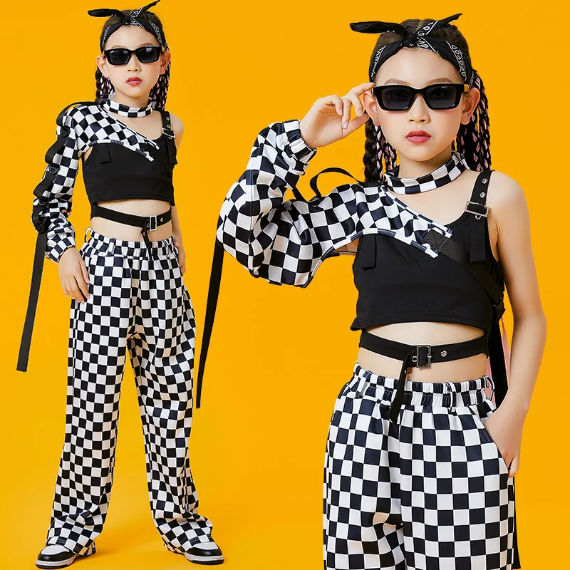 

Children'S Day Ballroom Hip Hop Dance Costumes For Kids Single Sleeved Loose Plaid Pants Suit Jazz Street Dance Wear DQS12491