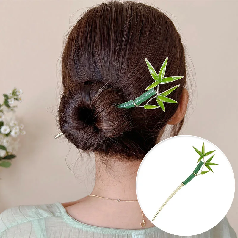 Ethnic Green Bamboo Leaf Hair Stick for Women Elegant Temperament Charm