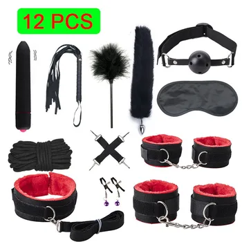 Bondage SM BDSM Set Adults Sex Toys For Women Men Handcuffs Nipple Clamps Whip Spanking Sex Metal Anal Plug Vibrator Butt Bdsm 4