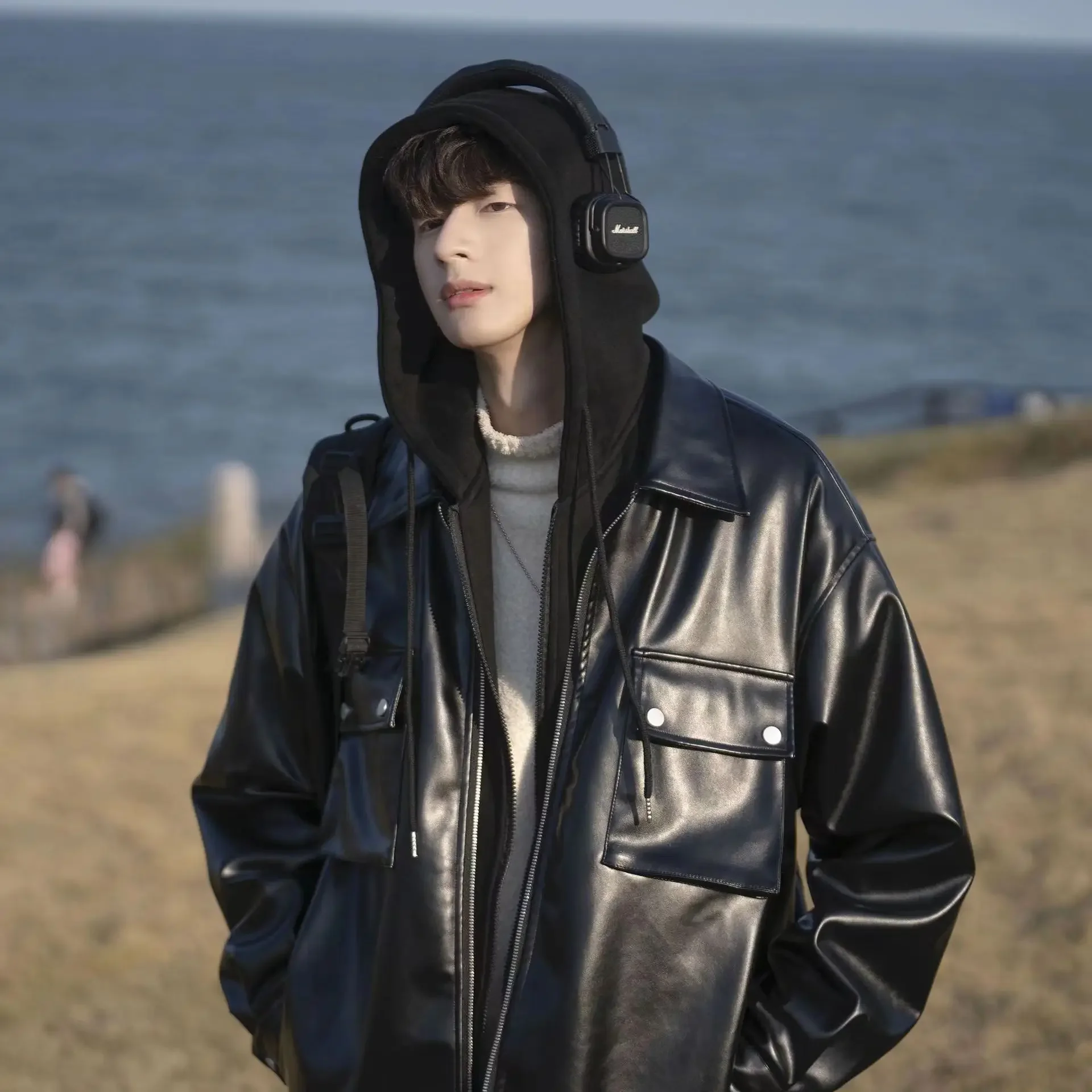 Chaquetas de cuero de gran tamaño para hombre, abrigo VIntage con