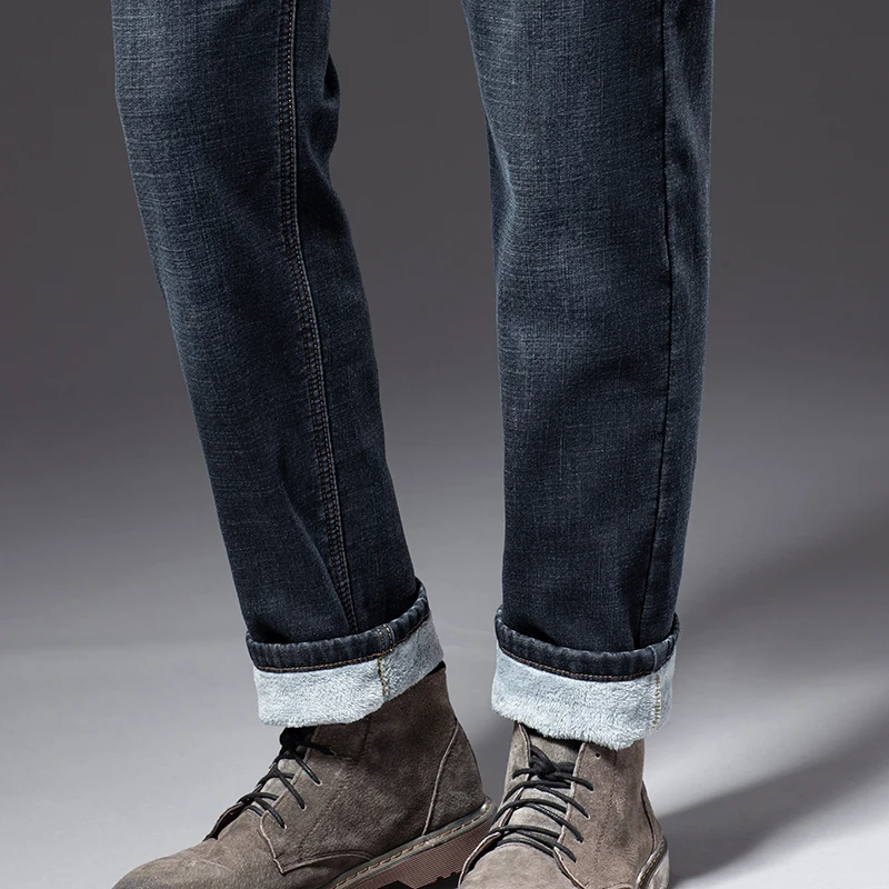Classic Style Winter Men's Fleece Warm Straight Jeans Business Fashion Cotton Denim Stretch Pants Thick Trousers Male Black Blue