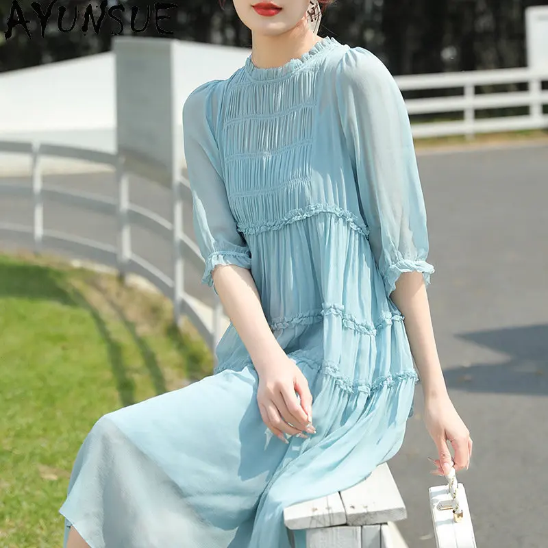 

High-end 100% Mulberry Silk Dresses Ladies 2023 Summer Blue Long Dress Elegant Print Dresses Woman Clothing Vestidos Para Mujer