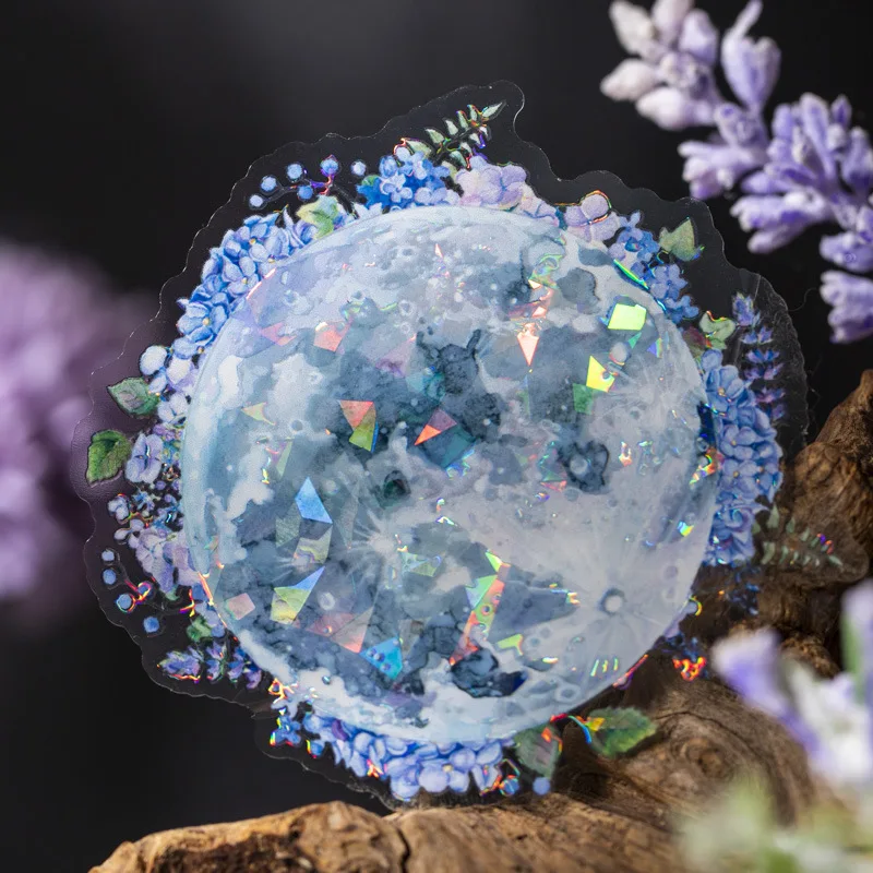 

5Pcs Flowers Under The Moon Decorative Stickers Watercolour Laser Scrapbooking Handbook Material Label Diary Journal Planner