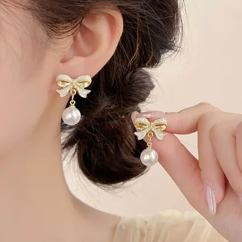925 Silver Needle Korean Fashion Bow Earrings For Women Jewelry 2025 Trending New Women's Gentle Bowknot Pearl Drop Earrings