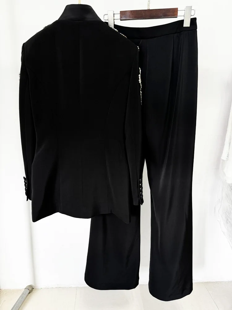 HIGH STREET Newest 2024 Designer Suit Women Beaded Diamonds Stand Collar Single Button Blazer Wide-leg Pants Set 2PCS 3