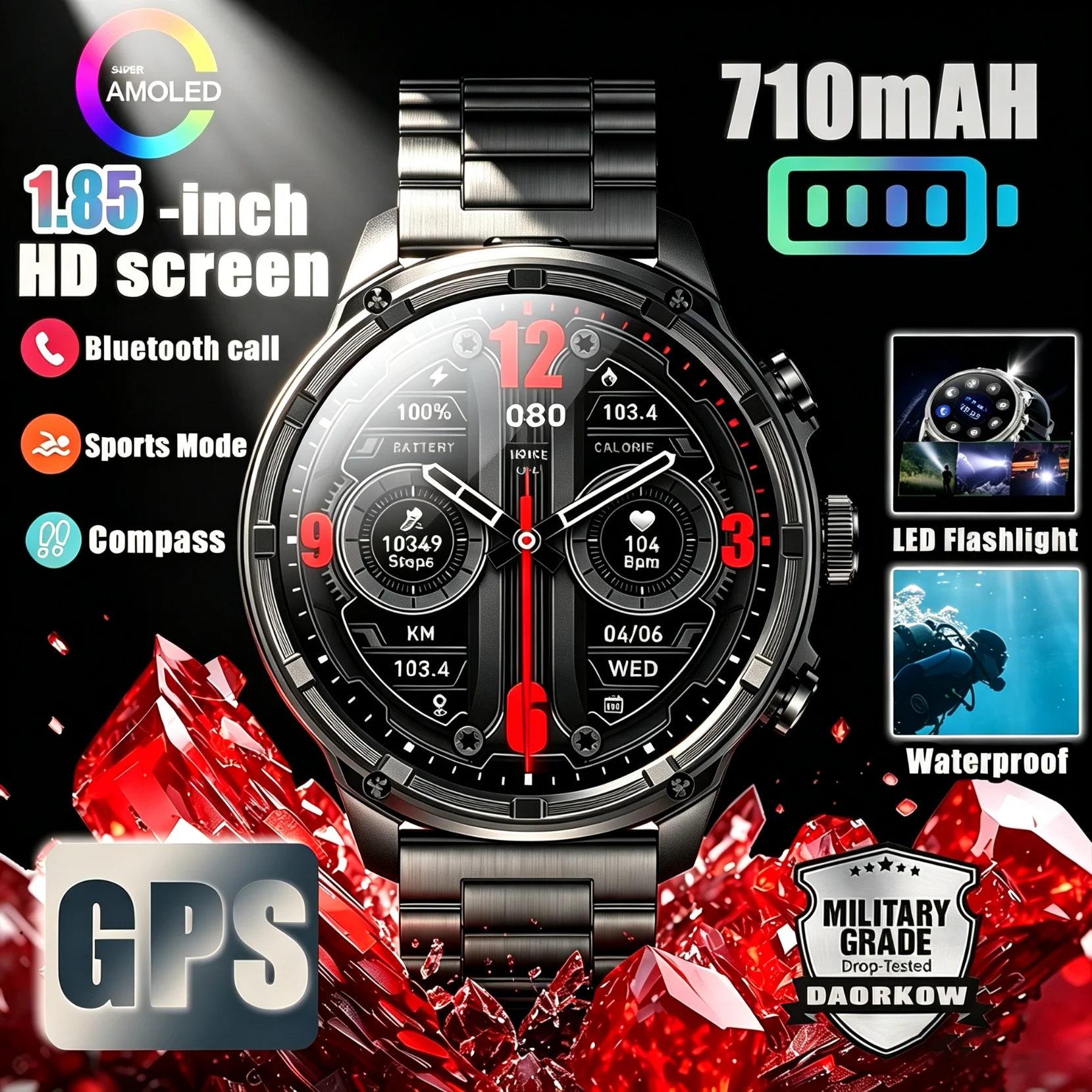 2026 new Outdoors Smart Watch 1.85''hd screen 710mAh Large battery Bluetooth call Health monitoring Sports Modes Waterproof GPS 1