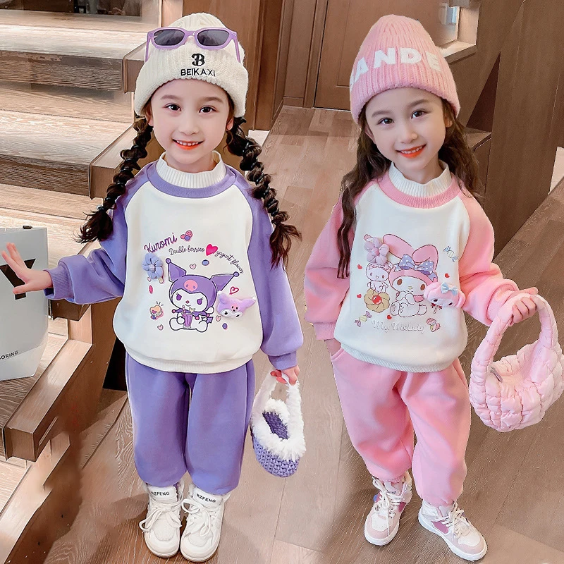 

Kuromi Plush Suit Sanrio Kawaii My Melody Cute Autumn Winter 2023 Anime Cartoon Children's Girls Thick Warm Two Piece Winter Set