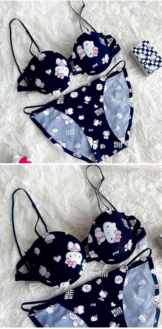 Kawaii Hello Kitty Underwear Set 2023 New Cartoon Printed Sanrio Kitty Cat Bra  Underpants Funny Couple Briefs Sweet Girl Bra Set - AliExpress