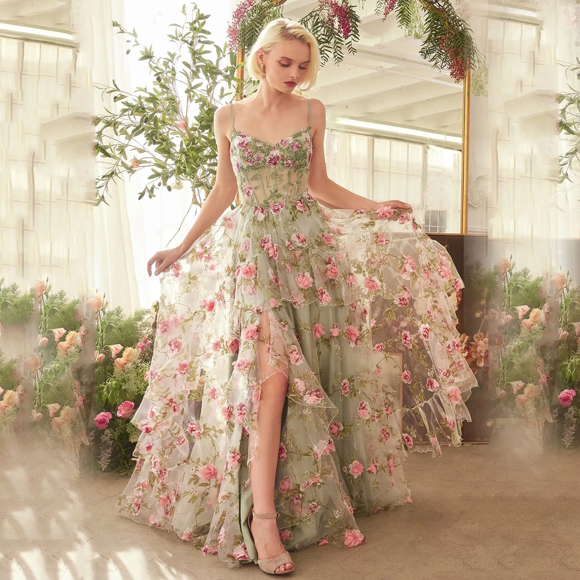 A-Line Corset Midi Prom Dress with 3D Flowers