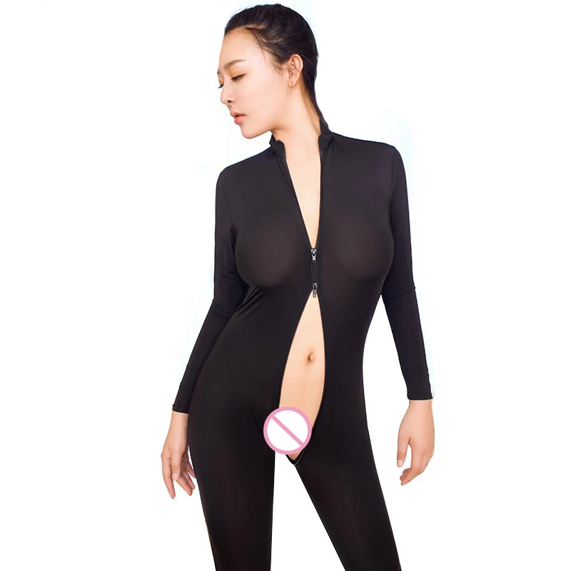 

High Elastic Siamese Trousers See-Through Blouses Sex Appeal Jumpsuit Nightclub Zip Open Crotch Sexy Lingerie One-Pieces Leotard