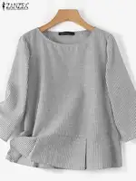 ZANZEA Stylish Women O Neck 3/4 Sleeve Blouse Autumn Striped Shirt Elegant Ruffles Work Blusas Casual Holiday Tops Tunic Chemise - Image 6