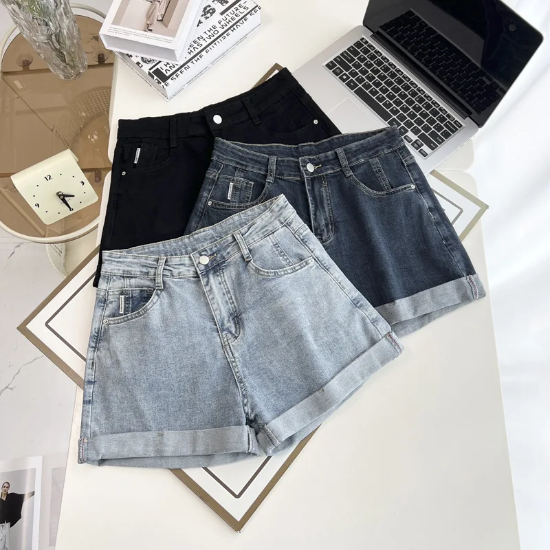 Summer New Plus Size Jeans Women's Wear 100KG Casual high-waisted rolled-up Denim Shorts Hot Pants 6318