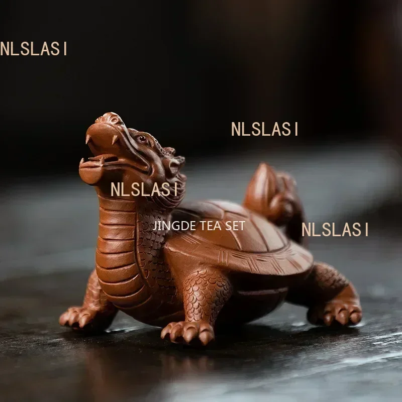 Yixing Purple Clay Art Tea Pet Lucky Dragon Turtle Statue Ornaments Animal Tea Figurine Sculpture Crafts Home Tea Set Decors