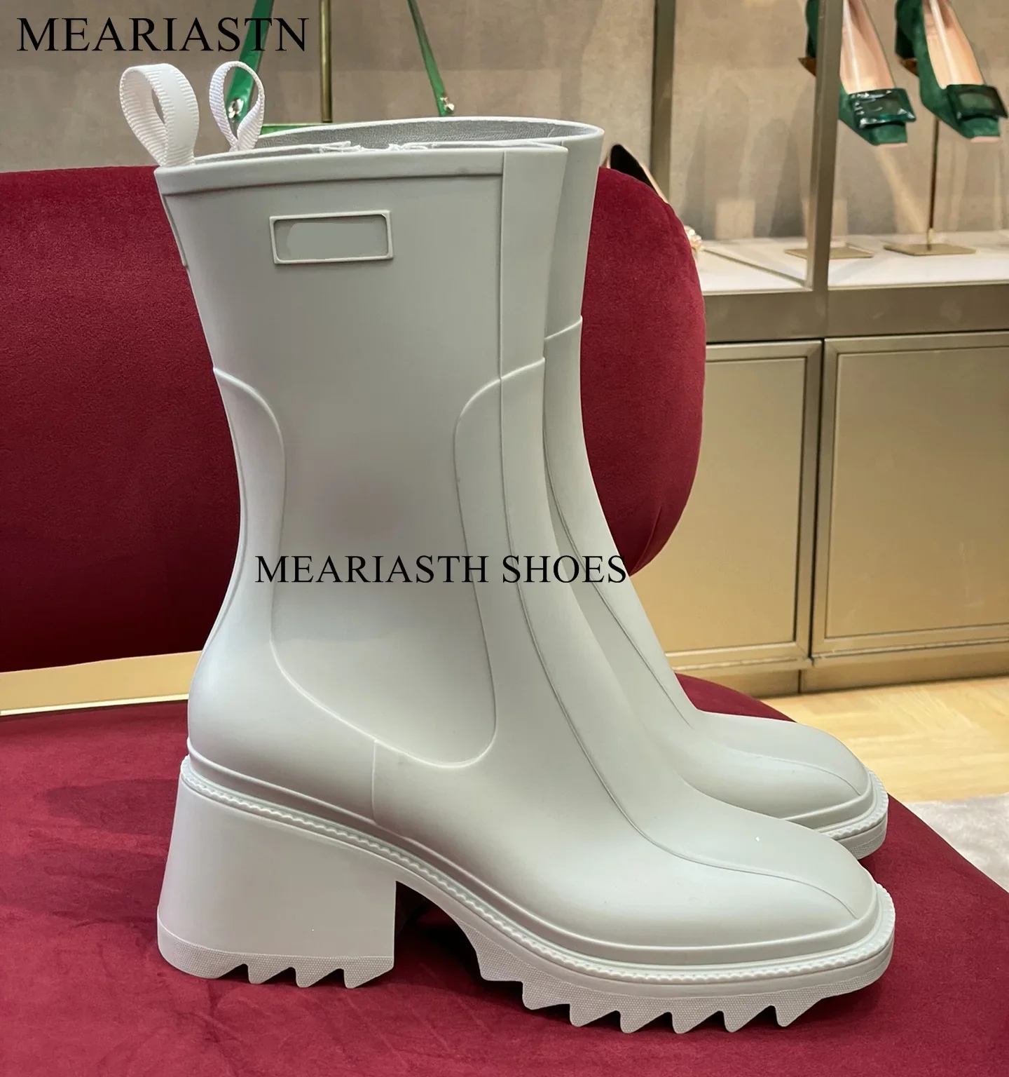 

Meariasth Block Heel Rain Boots Women Rubber Platform Women Boots Brand High Heel Shoes Woman Square Toe Chelsea Booties 2023