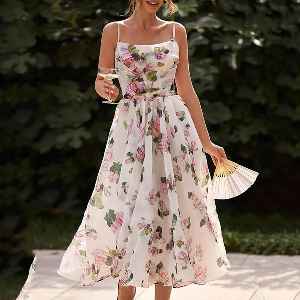 

2023 European and American summer new fashion rose print mid-length home slip dress