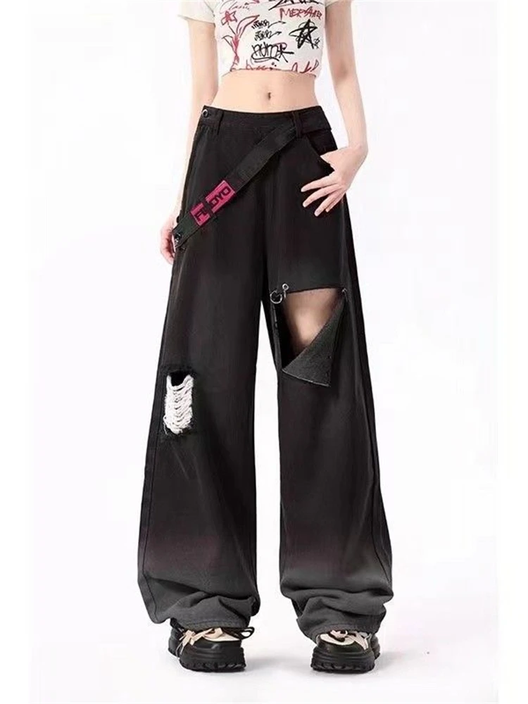 

Broken Hole Design Women's Black Jeans American Street Hip-hop Style Casual Denim Pants Female High Waisted Straight Trousers