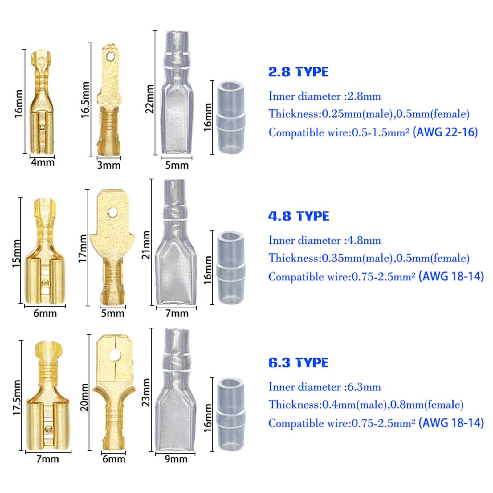 100/200Pcs2.8/4.8/6.3mm Female and male Crimp Terminal Connector Gold Brass/Silver Car Speaker Electric Wire Connectors Set