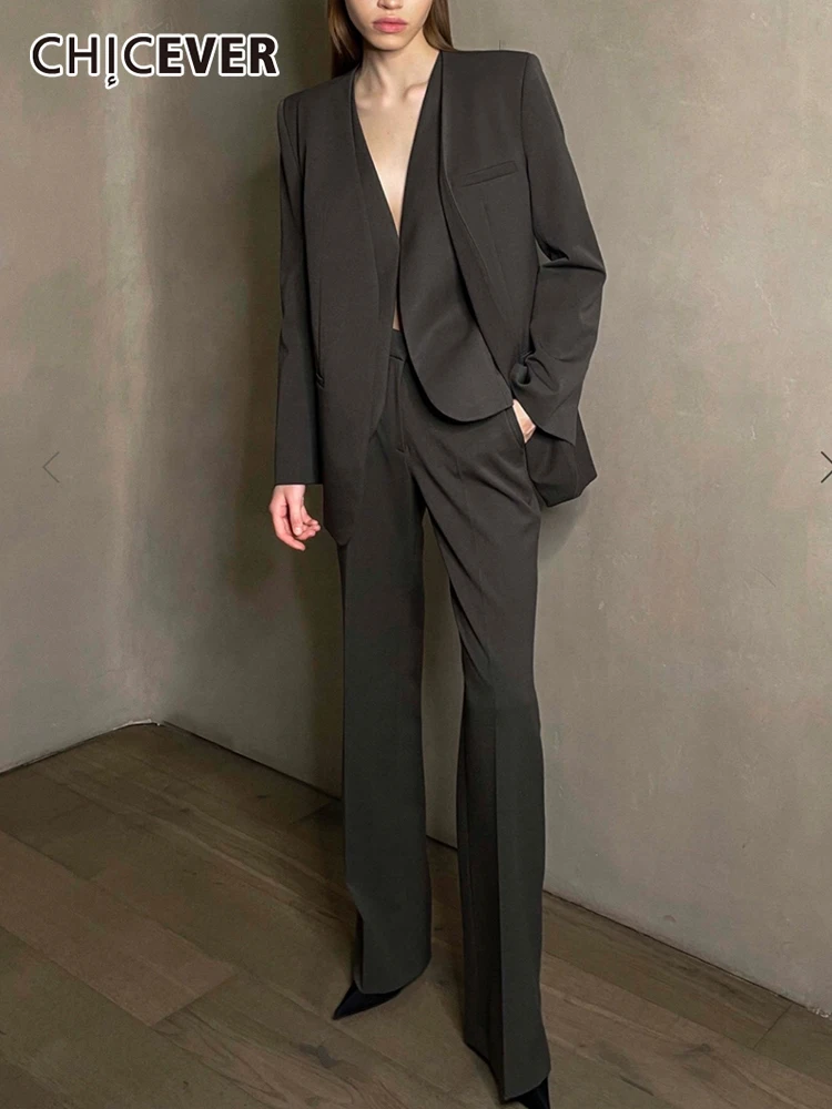 

CHICEVER Loose Three Piece Set Womens V Neck Sleeveless Vests Notched Collar Long Sleeve Blazer High Waist Trousers Female Sets
