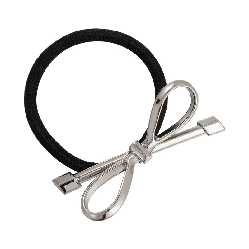 Sweet Cool Style Metal Bow Hair Rope Simple Cold Style Silver Sweet and Spicy Hair Band High Elastic Ponytail Rubber Band