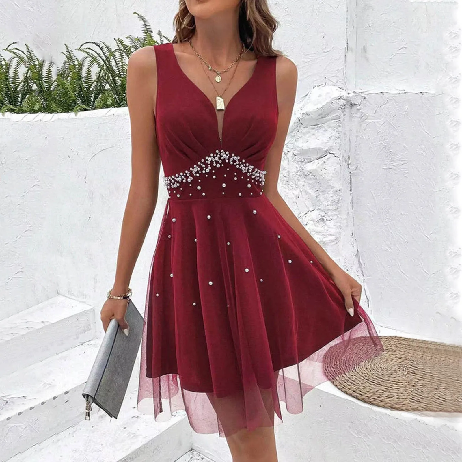 

Women Evening Dress Wedding Guest Elegant V Neck Pearl Embellished A-Line Mesh Dress For Women Prom Mini Dress Summer Skirt