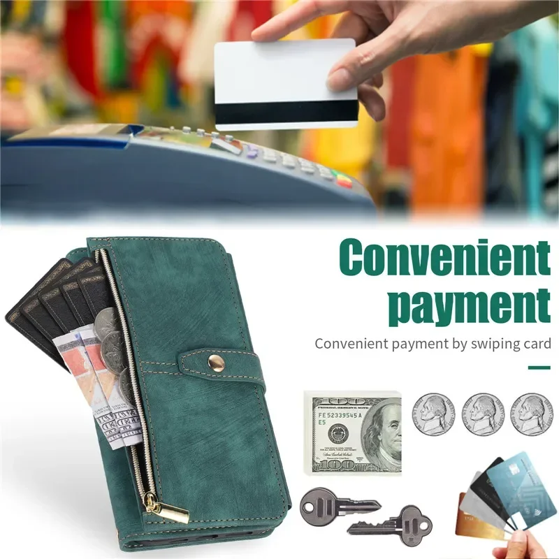 Elegant Flip Leather Phone Case with Long Lanyard and Zipper Wallet