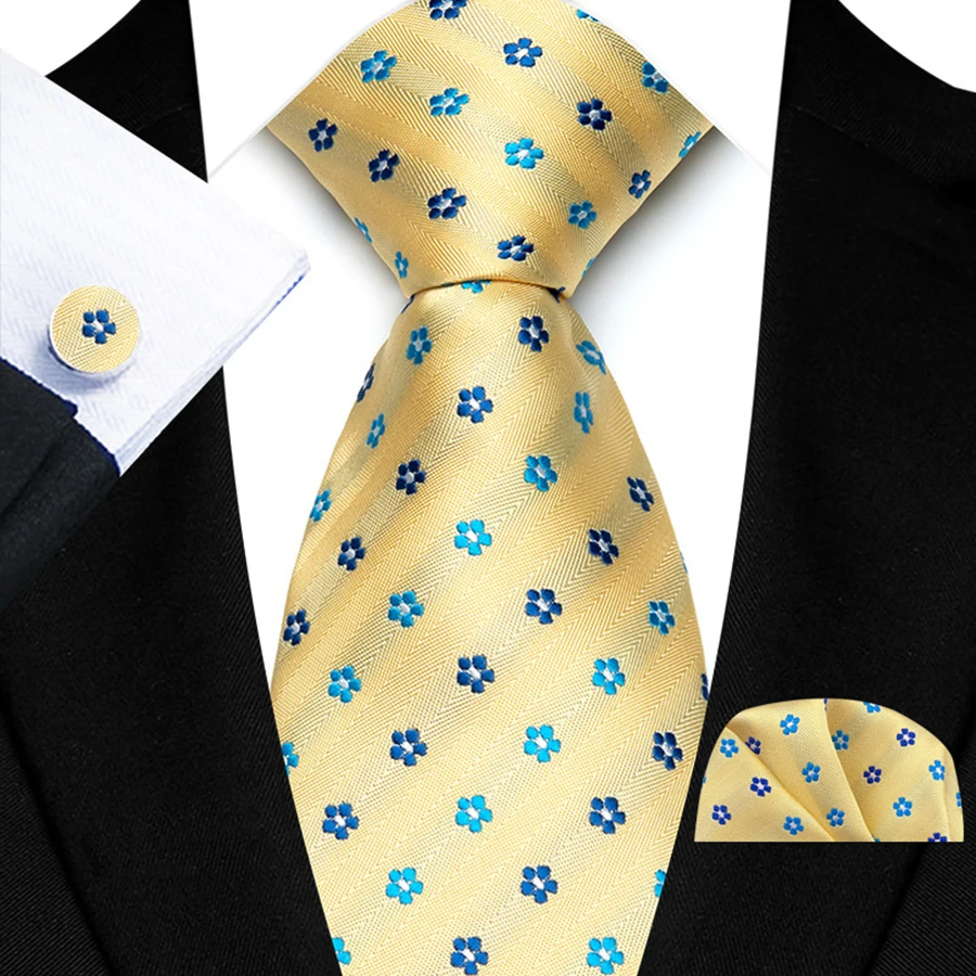 3 Stück Herren-Krawatten in gelber Farbe, gestreift, kariert, einfarbig, Einstecktuch, Manschettenknöpfe, Hochzeit, Abschlussball, Zubehör, 8 cm, Krawatte, Geschenk für Männer – Detail 12