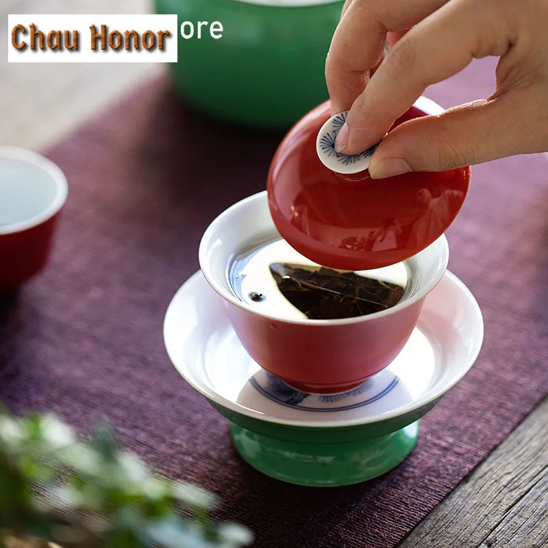 90ml Boutique Pure Hand Painted Pine Art Ceramic Tea Tureen Chinese Tea Maker Crockery Gaiwan Household Kung Fu Tea Drinkware