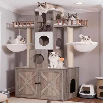 Large Cat Tree with Litter Box Enclosure – Modern Heavy-Duty Tower 1