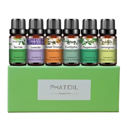 PHATOIL Essential Oils Gift Set - 6 Therapeutic Scents for Aromatherapy & Relaxation (Lavender, Eucalyptus, Peppermint, Tea Tree, Lemongrass, Orange) (Essential Oils Set)