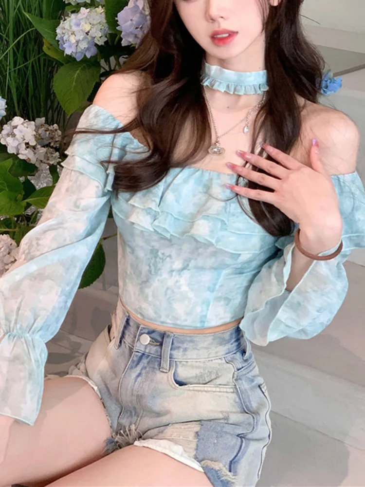 

Летняя голубая японская милая блузка, женские корейские модные милые топы в стиле колледжа, женские шикарные топы с длинным рукавом и открытыми плечами 2023