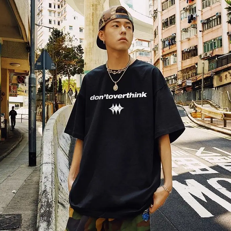 

Summer fresh Korean simple printed T shirt ins fashion men's y2k trend street hip hop loose couple round neck half sleeved top
