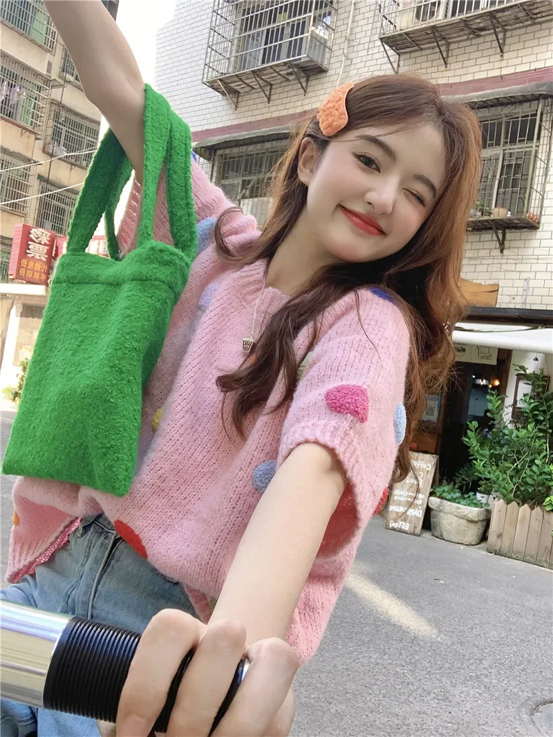 

Sweet Pullovers Women's Clothing O-neck Short Sleeve Polka Dot Sueter Pull Femme Knitted Sweater Jumper Y2k Tops 2024 Ropa Mujer