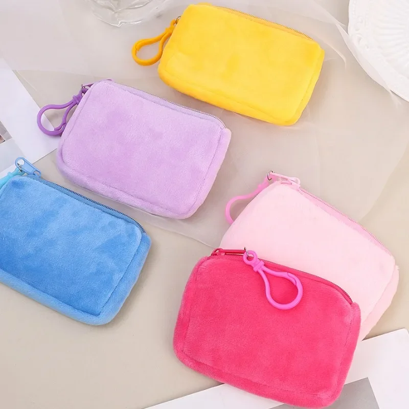 Soft Plush Coin Purse Cartoon Light Fluffy Wallet Handheld Cash Moneybag Zip Closure Solid Color Wallets Bank Card Storage Bag
