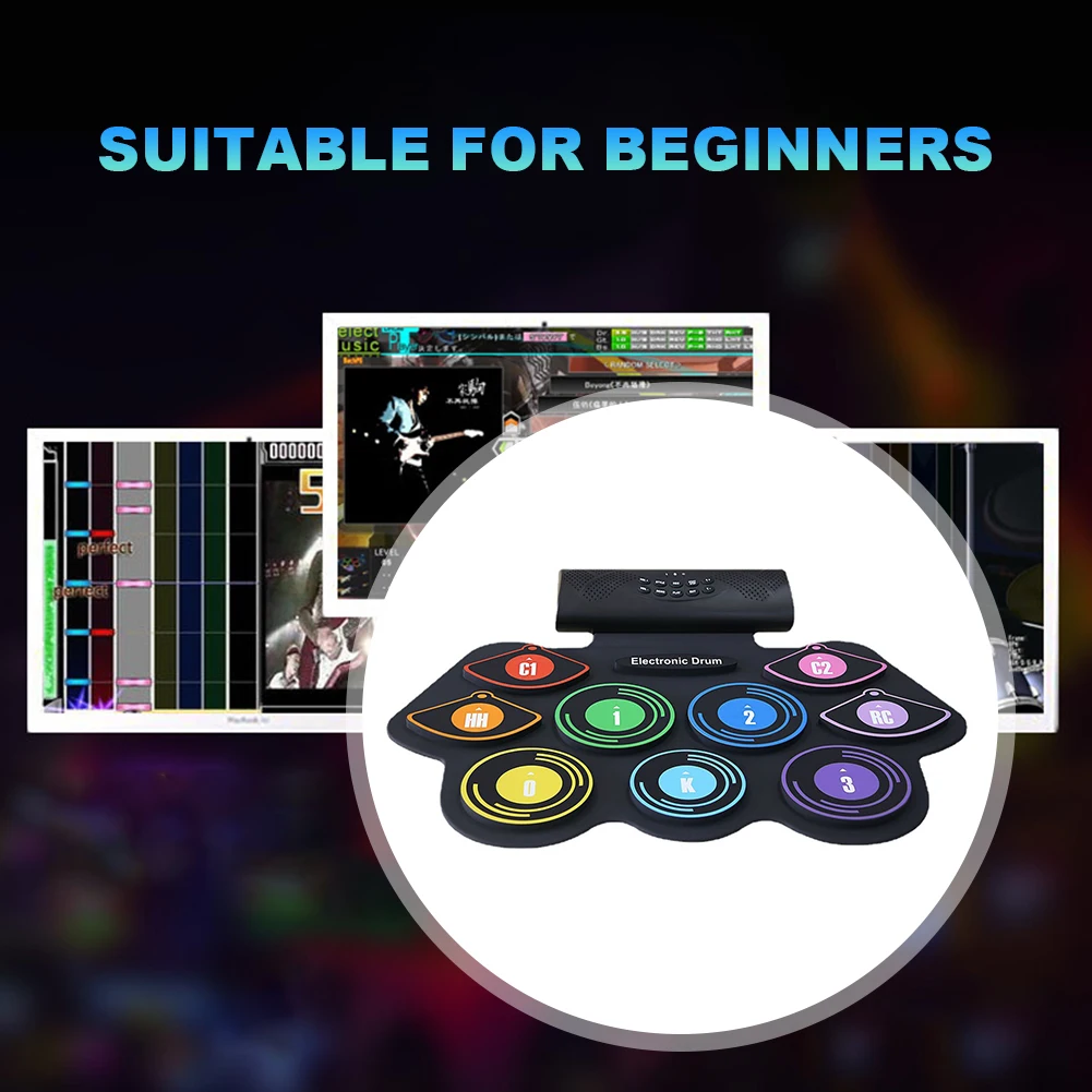Musical Percussion Instruments Electronic Drum Pad 9 Pads Roll Up Drum Kit Built-in Speaker Electronic Roll Up Drum Pad Set Drumsticks Sustain Pedal Kids Beginners