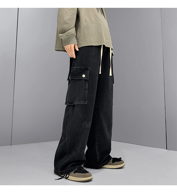 New Black High Waist Cargo Pants Women Big Pockets Patchwork Baggy Womens  Jeans