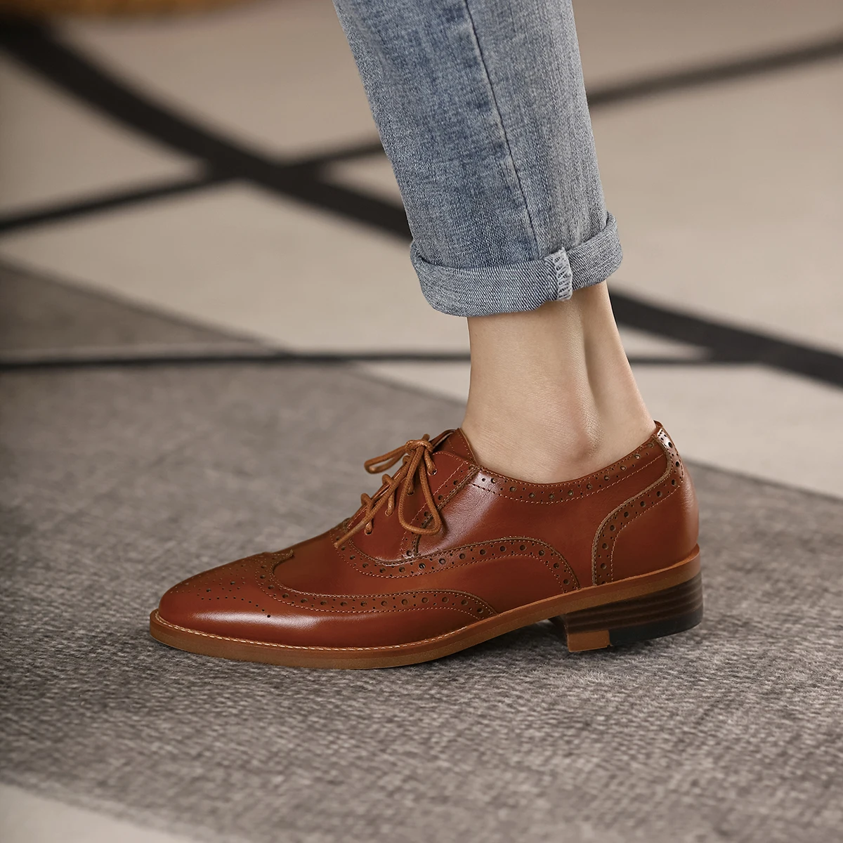 Women Oxford Shoes Spring/Autumn Women Shoes Genuine Leather for Brogues Vintage Lace up Casual Brown Handmade
