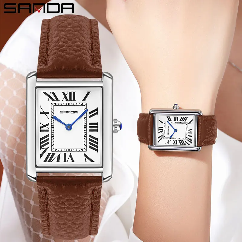 

Sanda Rectangular Wrist Watches for Women Silver Case Ladies Watches Luxury Brand Leather Band Quartz Clock zegarek damski 1108