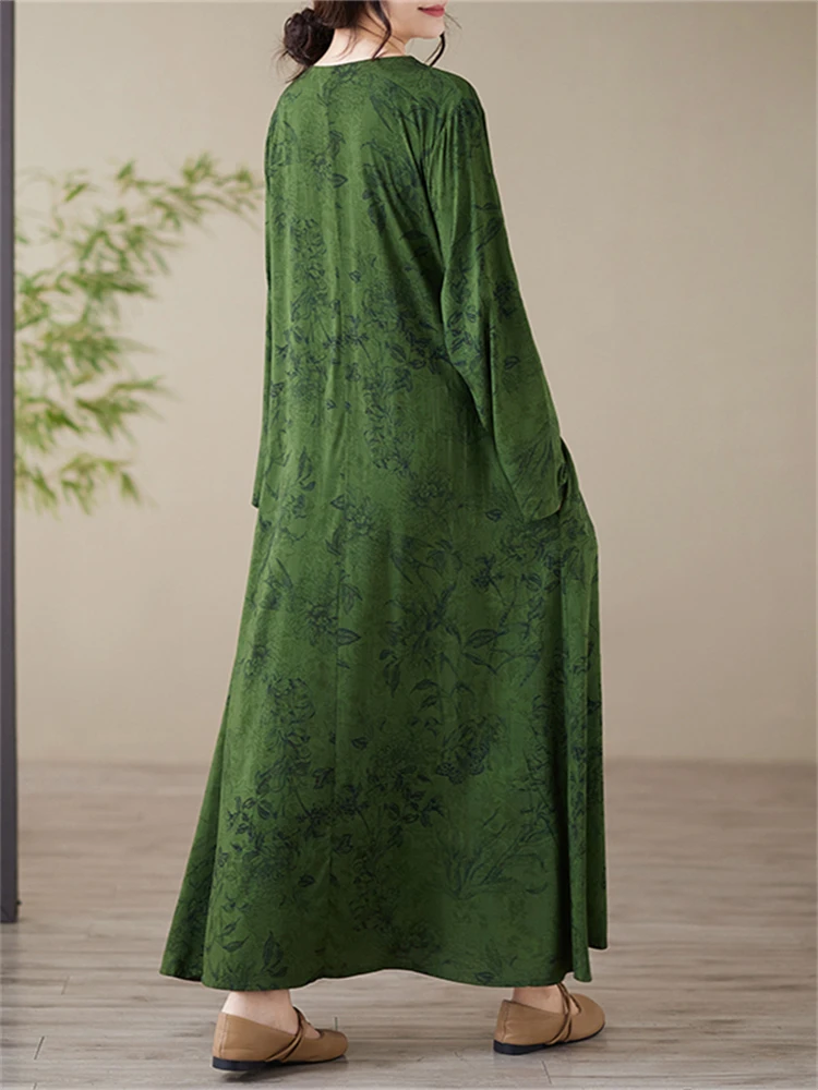 Spring Autumn Cotton Vintage Print Long Sleeve Dresses For Women Casual Loose Dress Office Lady Work Femme Robe Vestidos Clothes