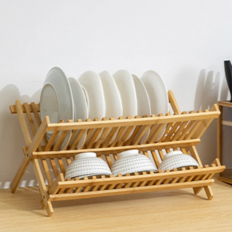 Folding Bamboo Dish Drainer Utensil Drying Rack Holder Wooden Plate Storage Rack Kitchen Space-Saving Dish Organizer