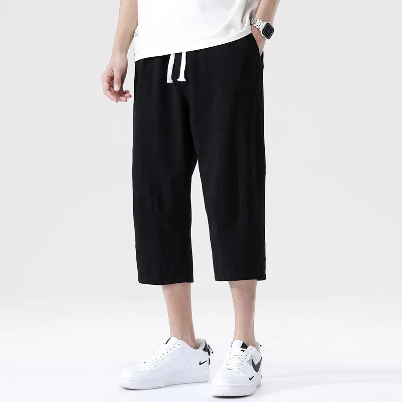 2024 Elegant Fashion Harajuku Slim Fit Ropa Hombre Loose Casual All Match Sports Pants Solid Pockets Cotton Linen Cropped Pants