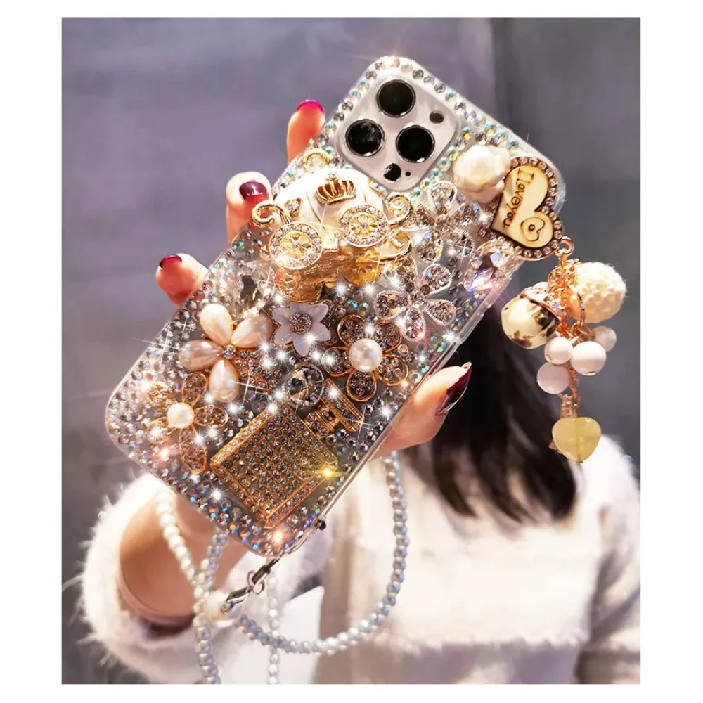 

3D Diamond Luxury Phone Case for IPhone 13 13Pro Max Shiny Rhinestone Jewelled PhoneCase for Apple Phone 15 14 Plus with Strap