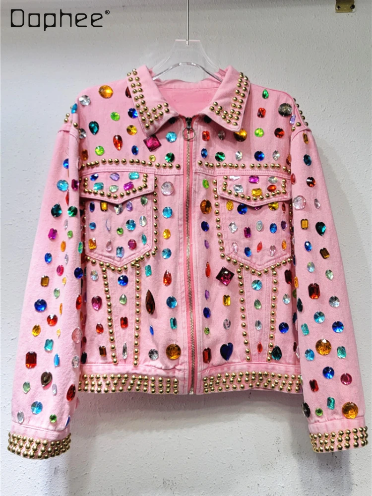 Streetwear Rivets Diamond Zipper Pink Denim Coat Woman 2023 Fall New Korean Style Women's Loose Zip-up Long Sleeve Denim Jackets