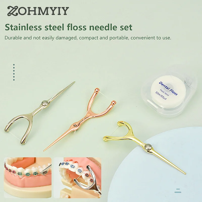 

Stainless Steel Toothpick Dental Floss Reusable For Y Shape Flossing Holder Set Portable ECO-friendly Teeth Cleaning Tools
