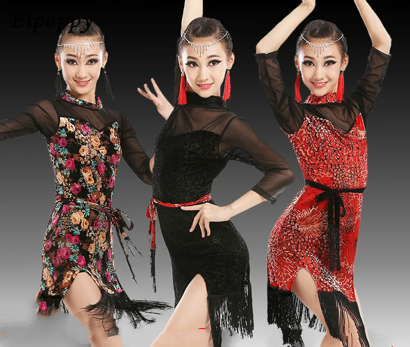 

New children's Latin dance costumes children's girls competition performance practice service princess tassel Latin dance dress