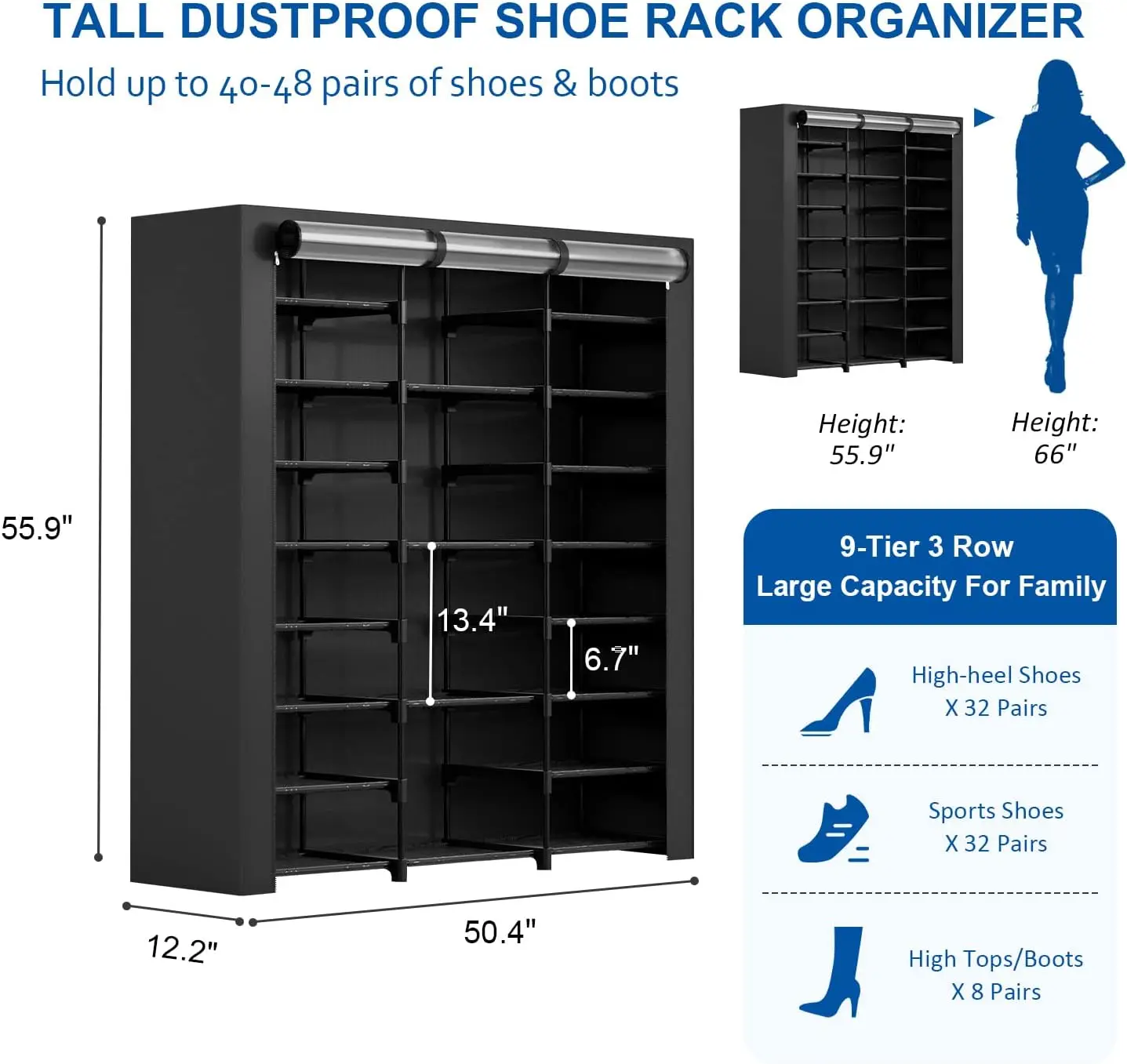 9-Tier Large Tall Shoe Rack With Covers 40-46 Pairs, Sneaker Rack Organizer Shoes Cabinet Closed Shelves Shoe Stand Holder For 3
