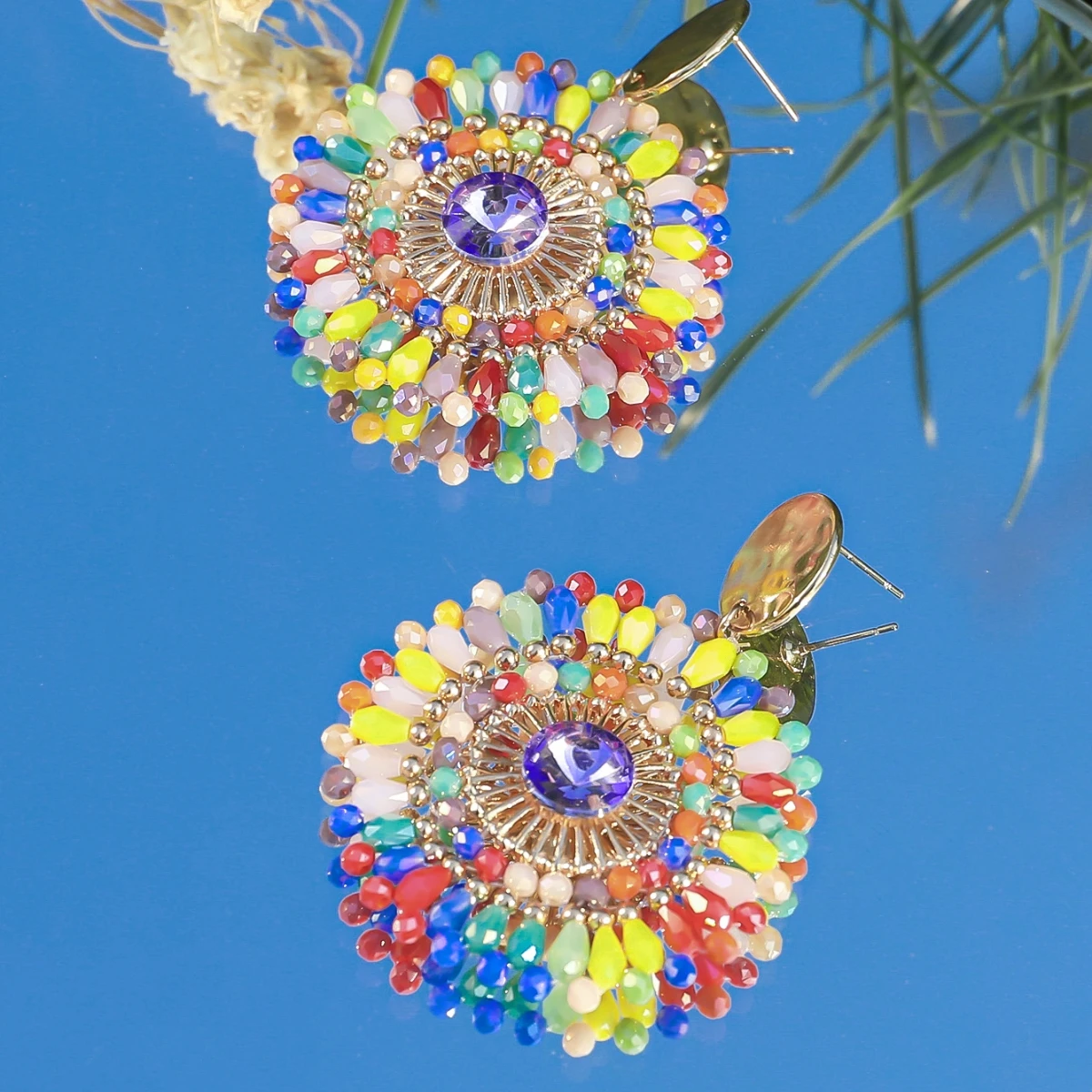 Bohemian Handmade Colorful Crystal Beads Flower Earrings for Women Trendy Ethnic Rhinestone Drop Earrings Summer Party Jewelry